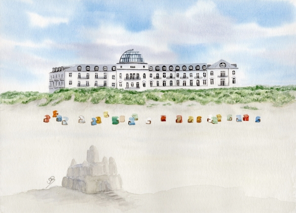 Postkarte DIN-A6 Aquarell Kunst Druck Kunstdruck Strandkorb Sonnenuntergang Nordsee Insel Juist - Strandhotel Kurhaus Juist weiter Strand - Juist 14